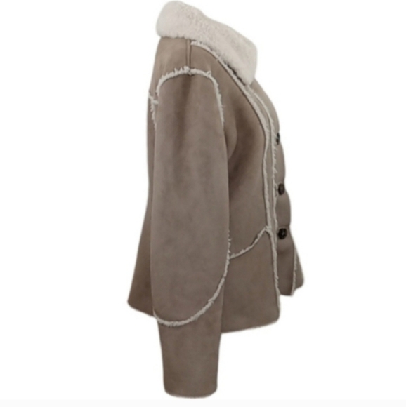 Big Chill Jacket Tan Faux Fur Shearling Raw Trim Button Front Pockets - Picture 8 of 13